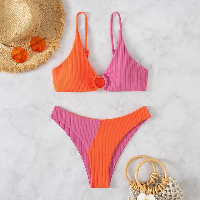 Women's Bikini Set – Push-Up Top – High-Waisted Bottom – Ribbed Fabric – Ring Detail