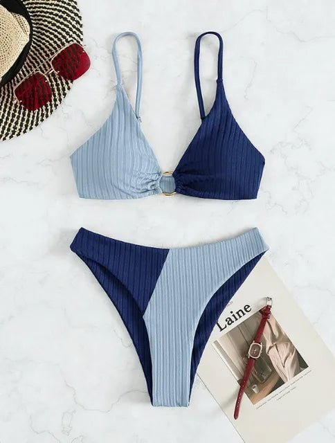Women's Bikini Set – Push-Up Top – High-Waisted Bottom – Ribbed Fabric – Ring Detail