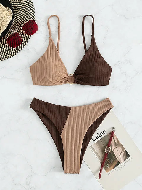 Women's Bikini Set – Push-Up Top – High-Waisted Bottom – Ribbed Fabric – Ring Detail