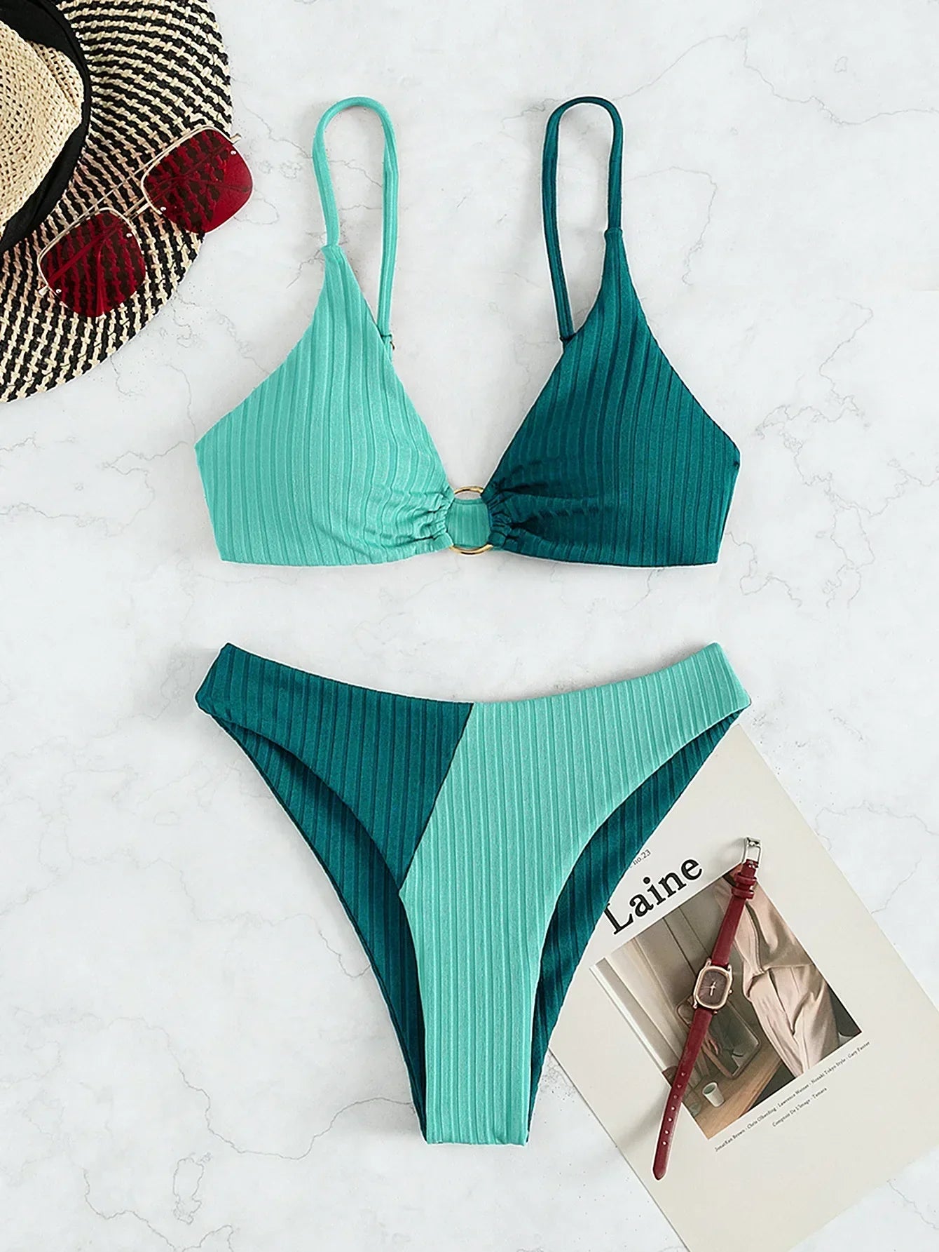 Women's Bikini Set – Push-Up Top – High-Waisted Bottom – Ribbed Fabric – Ring Detail