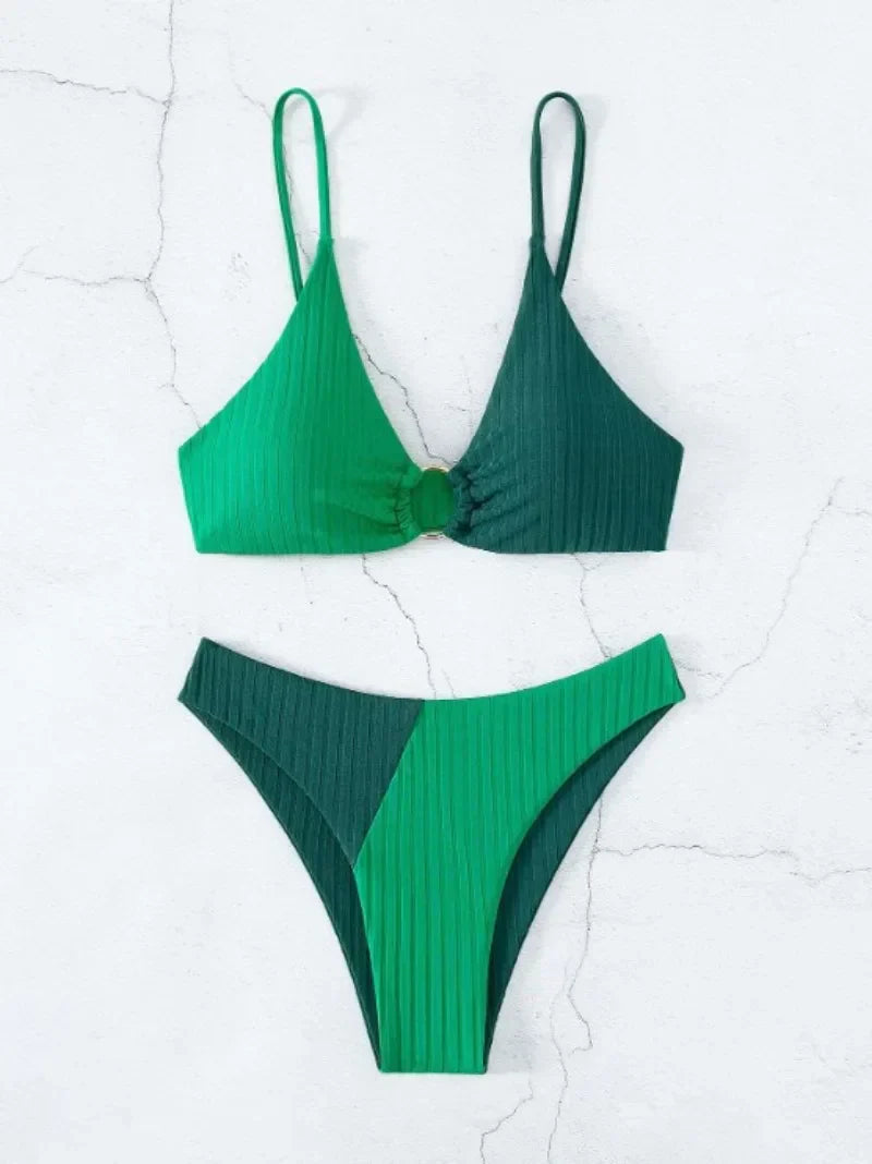 Women's Bikini Set – Push-Up Top – High-Waisted Bottom – Ribbed Fabric – Ring Detail