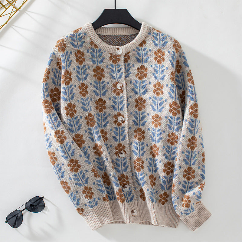Dame Cardigan – Strikket – Blomsterprint – Løs Passform – Knapper – Rund Hals