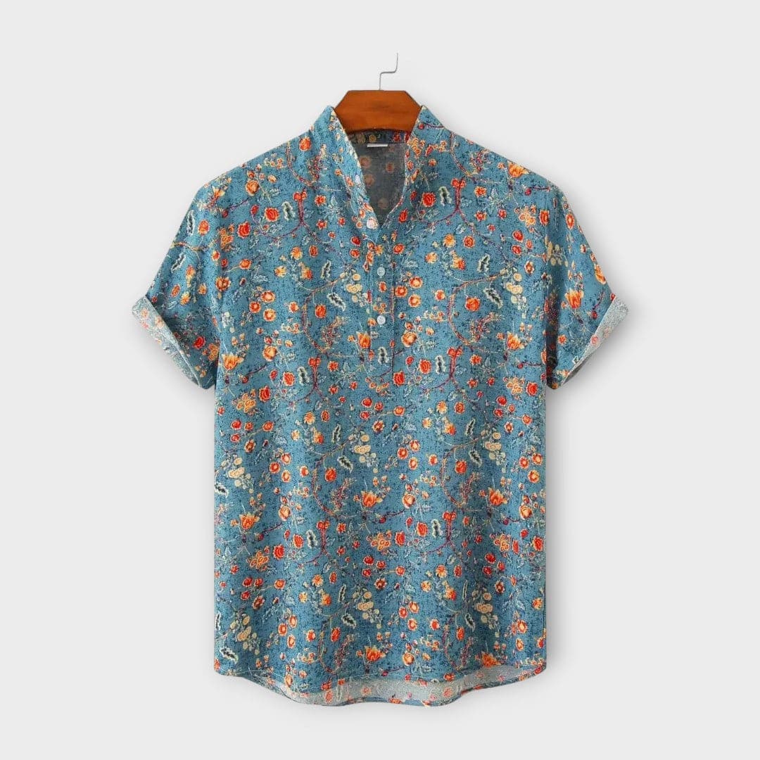 Herreskjorte - Kortermet Button-Up - Blomsterprint - Avslappet Passform - Pustende Stoff