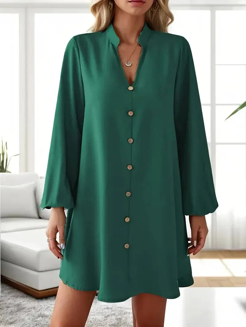 Dame Skjortekjole – Knelang – V-hals – Lange Ermer – Elegant og Casual