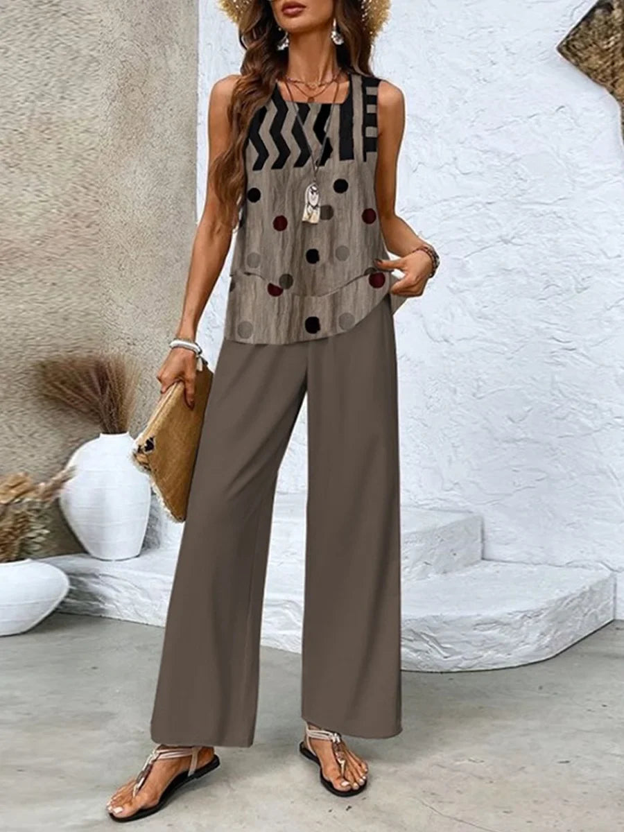 Women's Set with Top and Wide Pants – Relaxed Fit – Breathable Fabric – Sleeveless