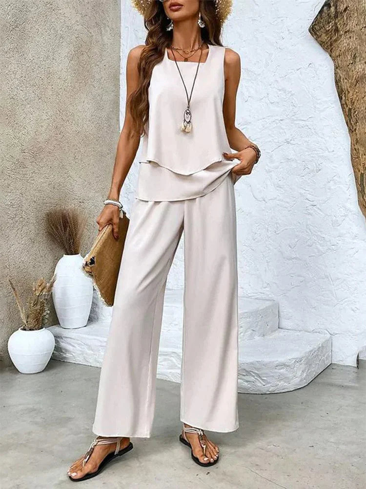 Women's Set with Top and Wide Pants – Relaxed Fit – Breathable Fabric – Sleeveless