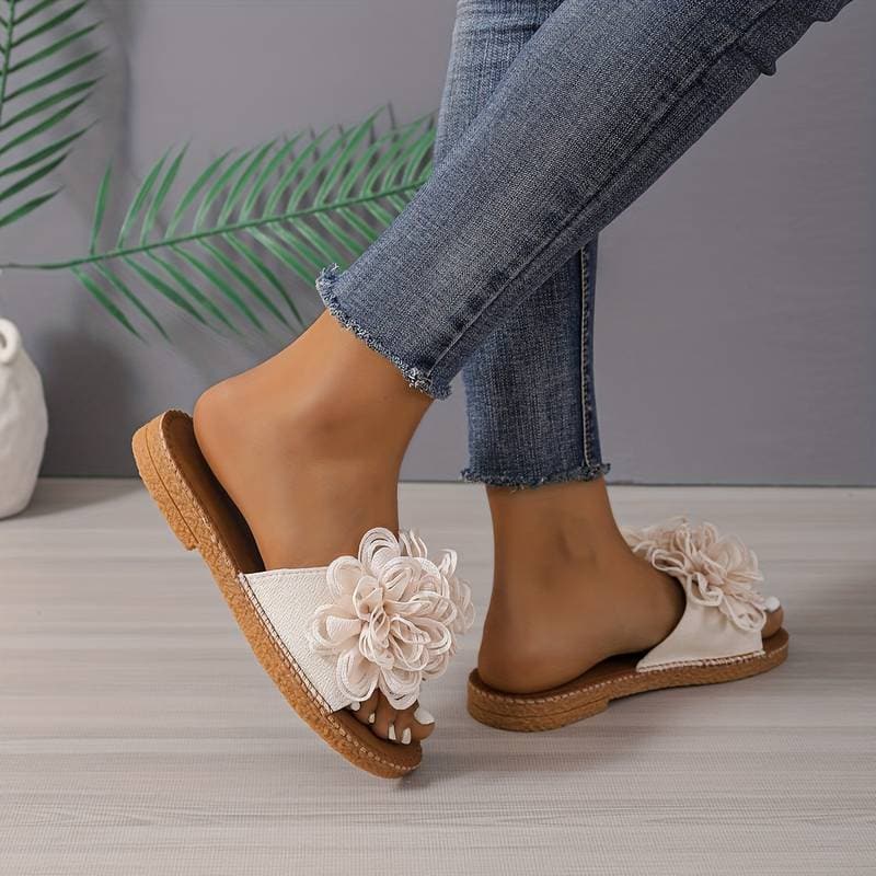 Women's Sandals - Comfortable Flat Sole - Floral Decoration - Casual and Stylish Design