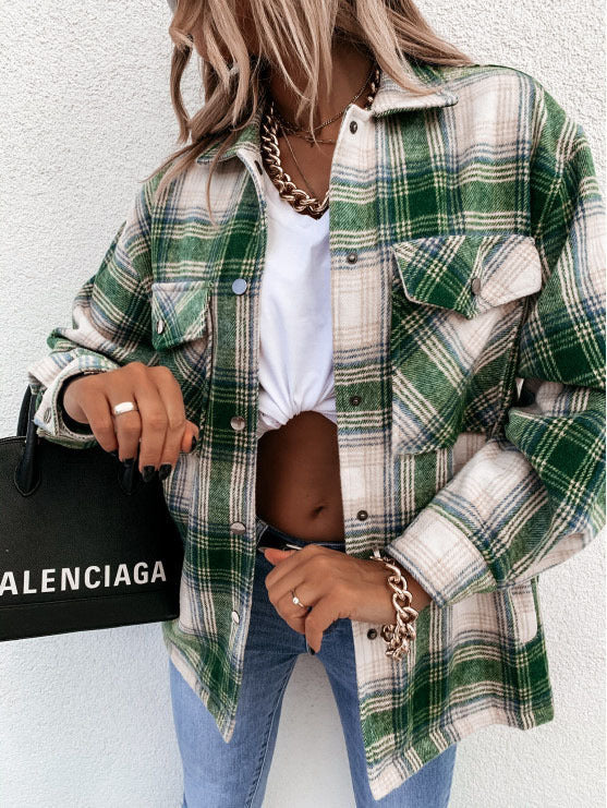 Women's Shirt Jacket – Oversized Fit – Flannel – Check Pattern – Button Front