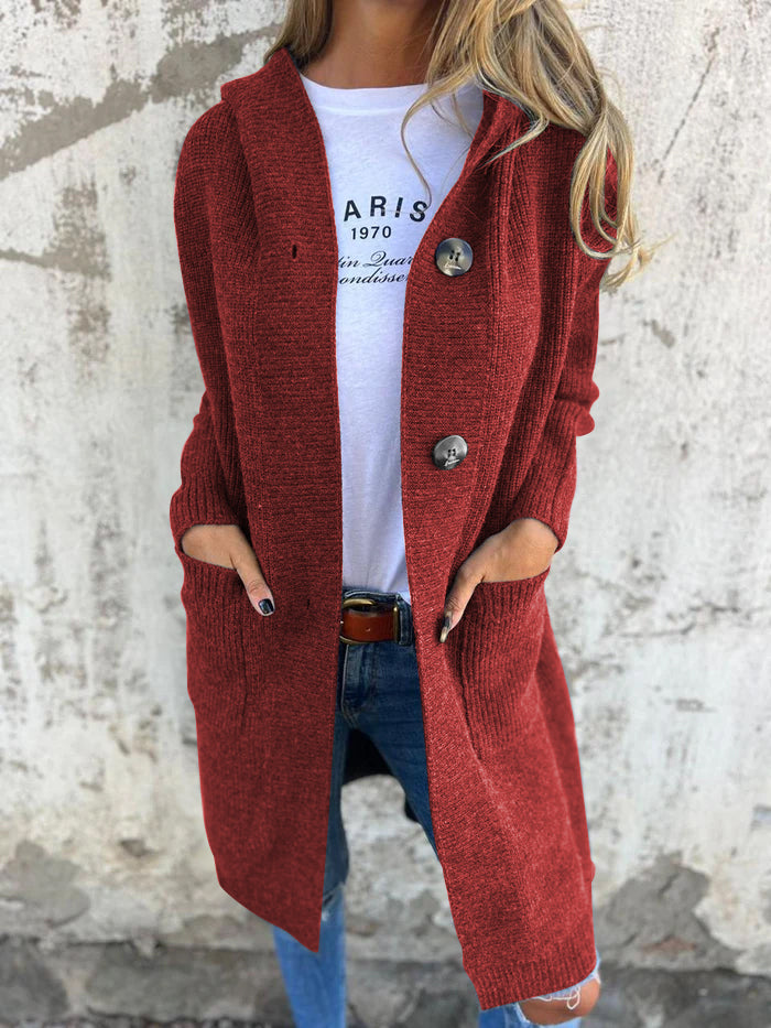Women's Long Knit Cardigan - Soft and Comfortable - Buttons and Pockets - With Shawl Collar