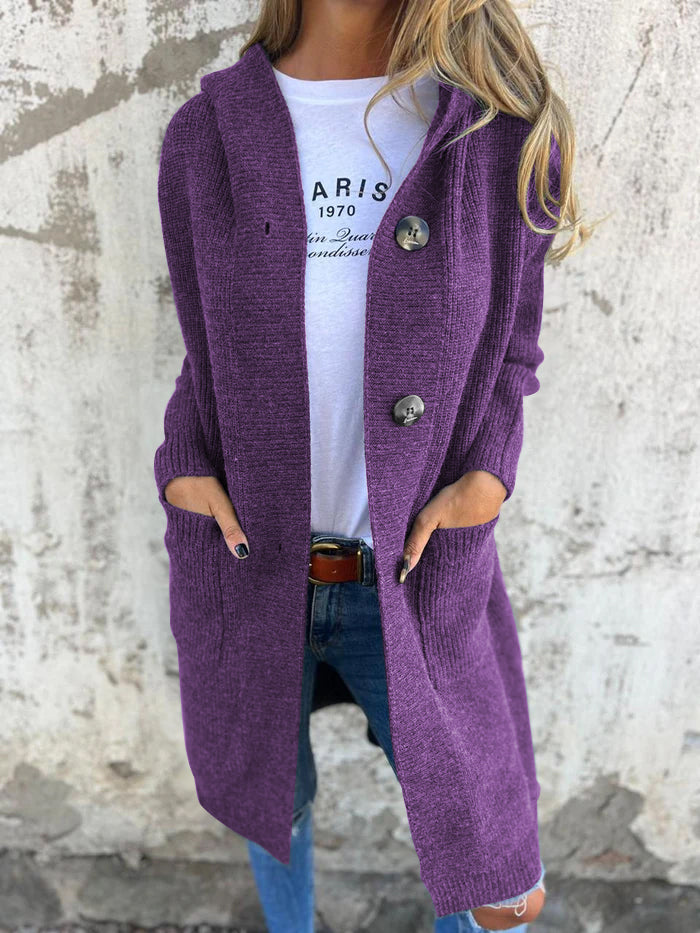 Women's Long Knit Cardigan - Soft and Comfortable - Buttons and Pockets - With Shawl Collar