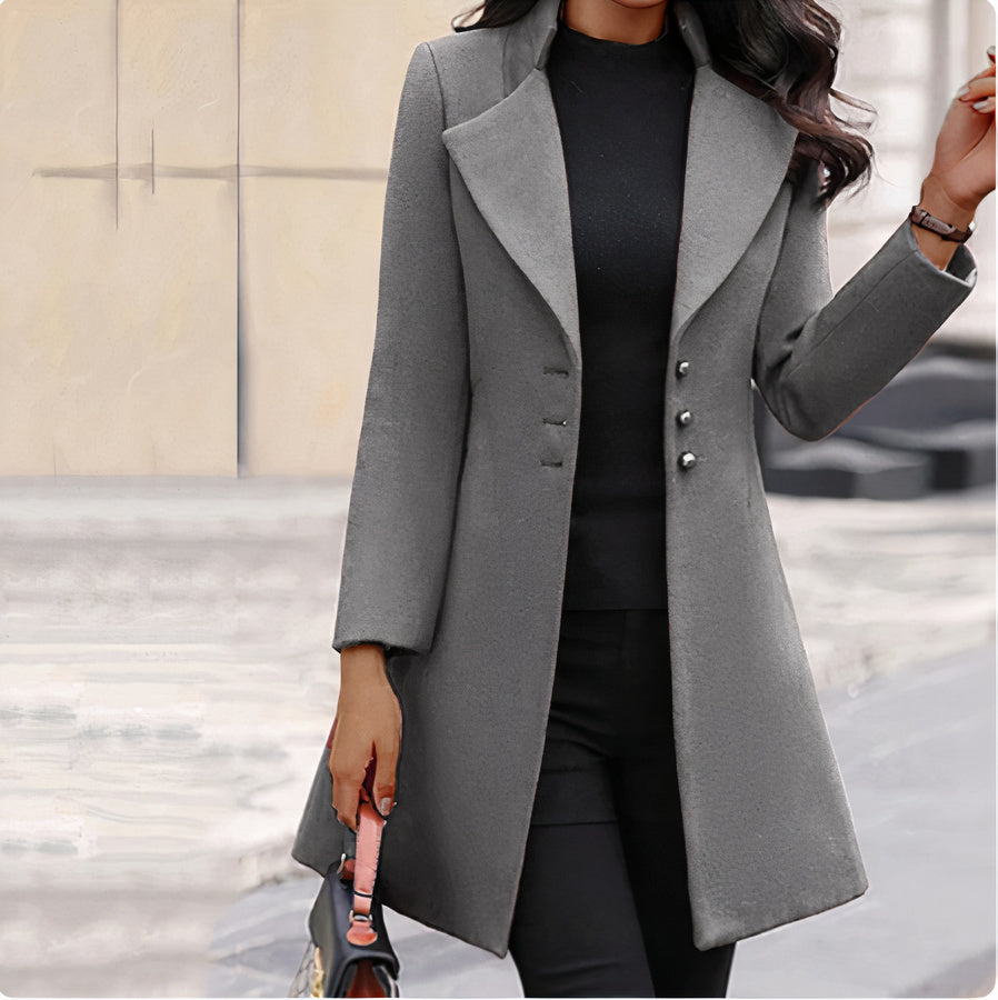 Kvinne Lang Ullfrakk – Skreddersydd – Enkelspent med Knappelukking – Elegant Formell Stil