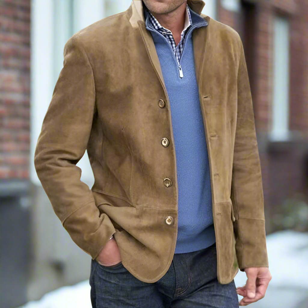 Men's Leather Jacket - Suede Leather - Classic Cut - High Collar - Button Closure