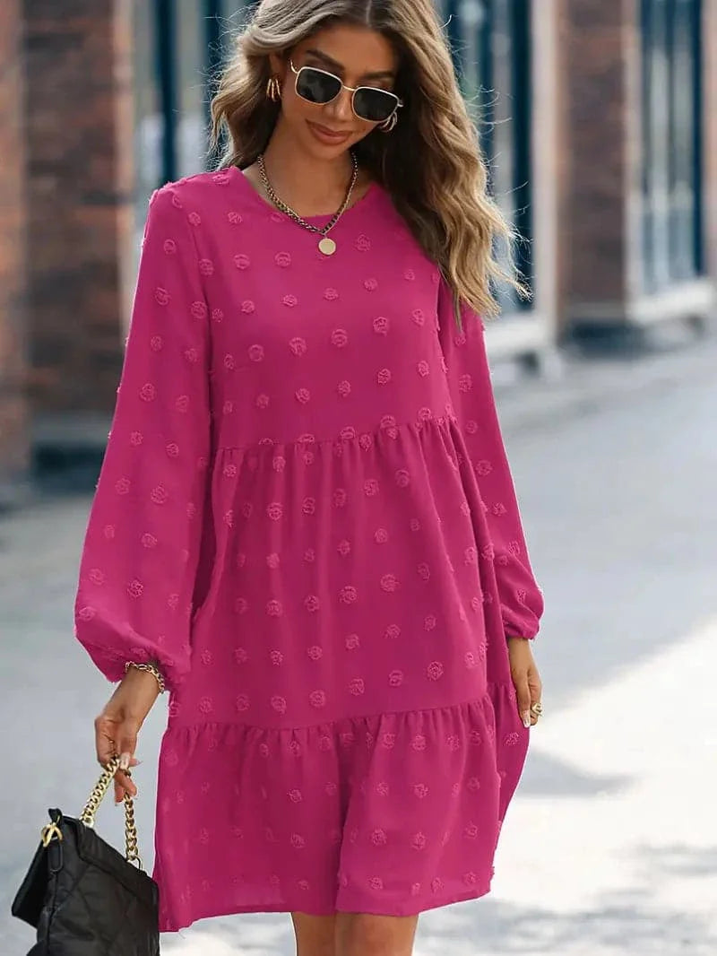 Women's Dress - Layered Design - Long Sleeves - Embroidered Texture - Comfortable Fit