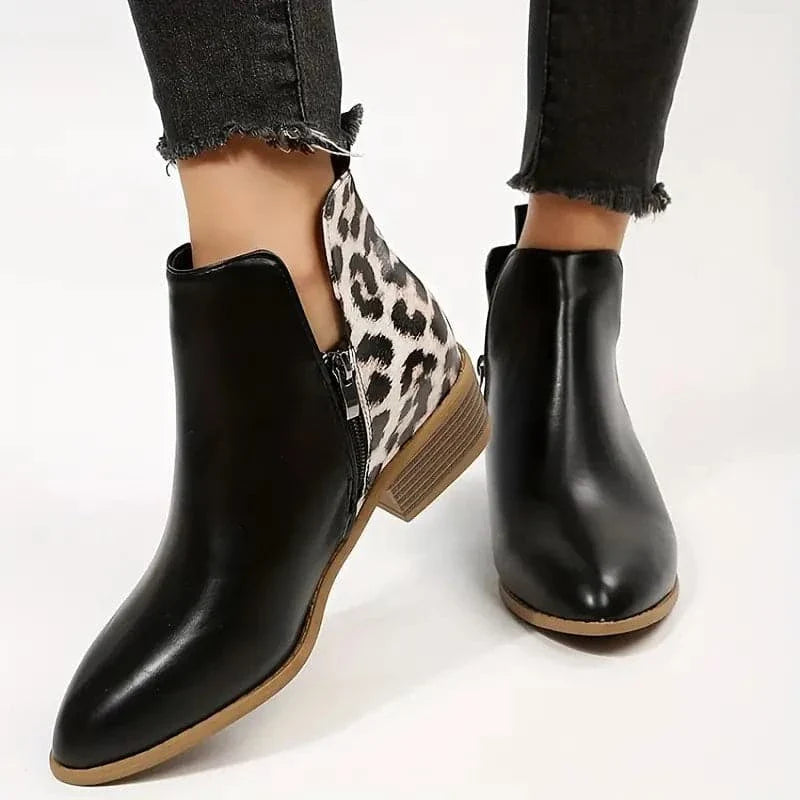 Women's Ankle Boots – Pointed Toe – Low Block Heel – Trendy Design – Zipper Closure