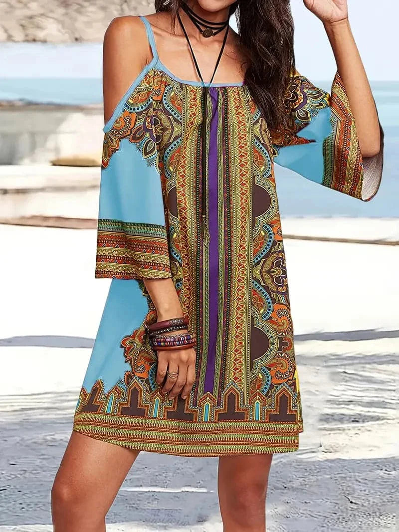 Women's Dress - Bohemian Design - Short Spaghetti Straps - Loose Fit - Flowy 3/4 Sleeves