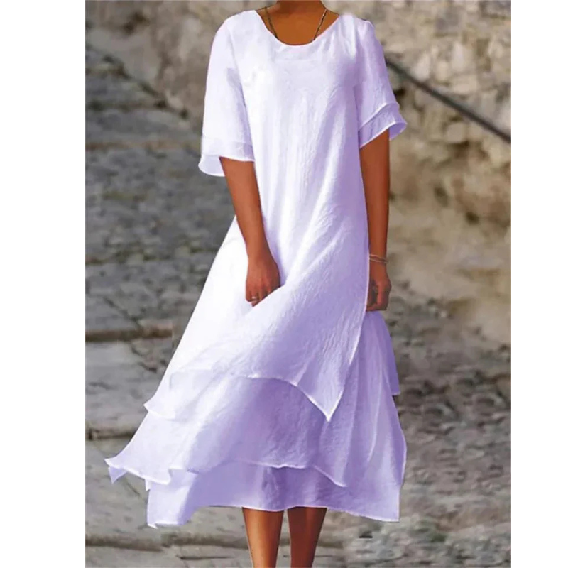 Dress for Women – Midi Dress in Natural Fibers – Loose A-line – Layered Hem – Elbow-length Sleeve