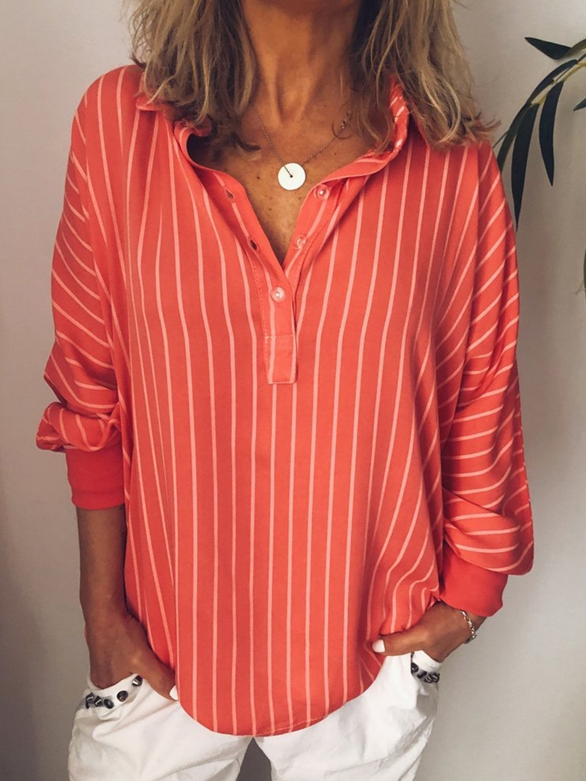 Women's Shirt – Relaxed Fit – Vertical Stripes – Breathable Fabric – Long Sleeves