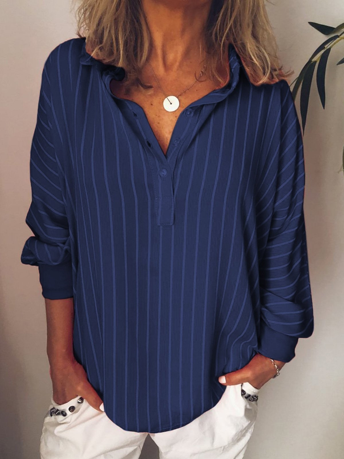 Women's Shirt – Relaxed Fit – Vertical Stripes – Breathable Fabric – Long Sleeves