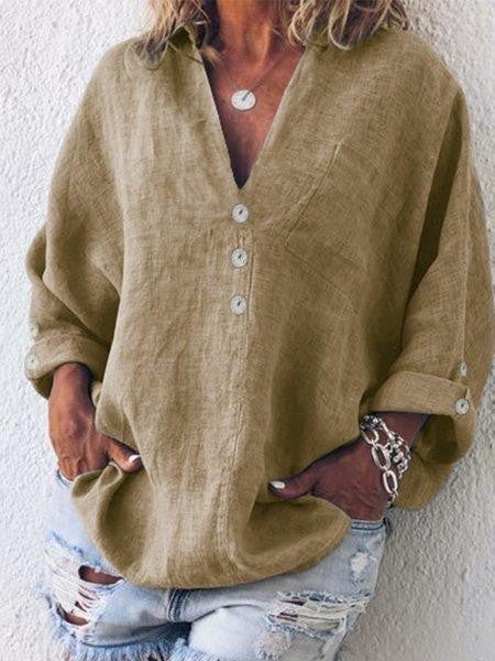Women's Blouse – Oversized Fit – V-Neck – Buttons – Long-Sleeved Breathable Design
