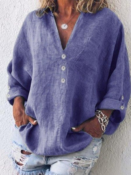 Women's Blouse – Oversized Fit – V-Neck – Buttons – Long-Sleeved Breathable Design