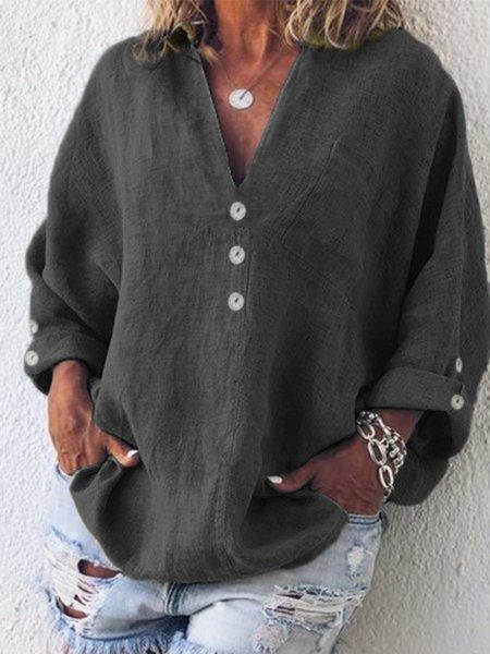Women's Blouse – Oversized Fit – V-Neck – Buttons – Long-Sleeved Breathable Design