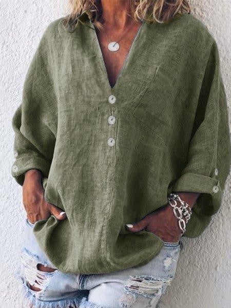 Women's Blouse – Oversized Fit – V-Neck – Buttons – Long-Sleeved Breathable Design