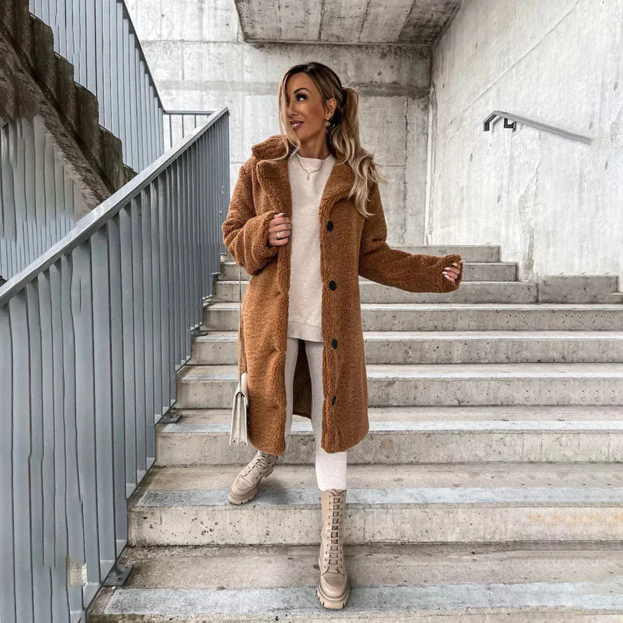 Women's Long Coat – Plush Texture – Relaxed Fit – Full Length – Button Closure