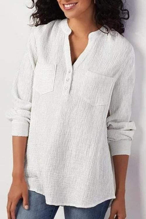Women's Blouse – Relaxed Fit – Long Sleeve – Crinkled Breathable Fabric – Chest Pockets
