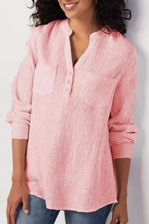 Women's Blouse – Relaxed Fit – Long Sleeve – Crinkled Breathable Fabric – Chest Pockets