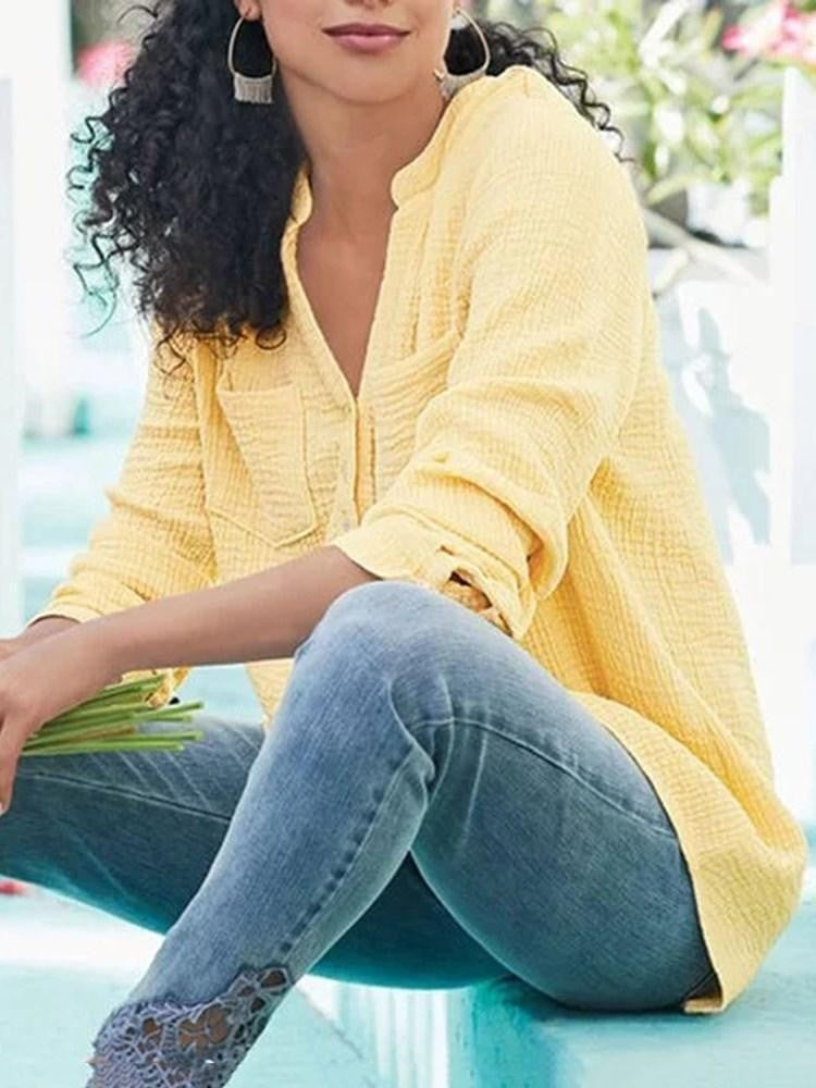 Women's Blouse – Relaxed Fit – Long Sleeve – Crinkled Breathable Fabric – Chest Pockets