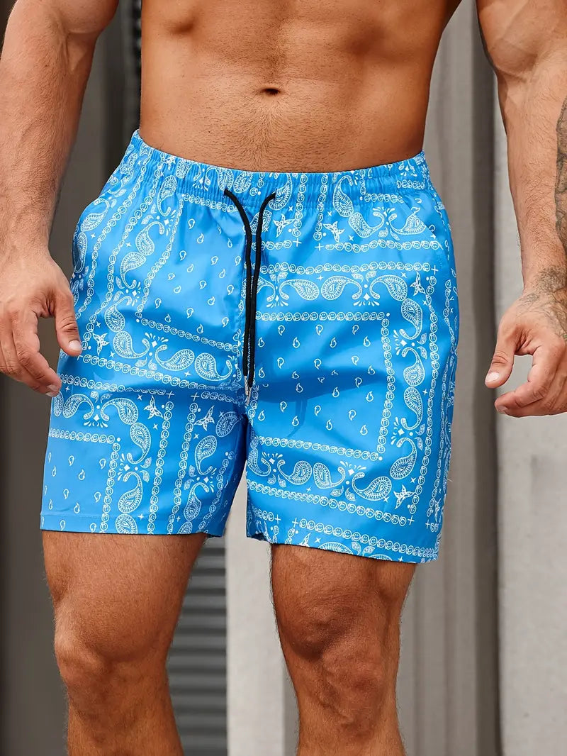Men's Swim Shorts – Quick-Drying Fabric – Relaxed Fit – Bandana Pattern – Mid-Length