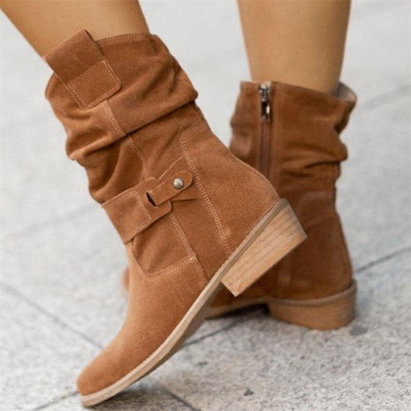 Dame Slouch Støvler - Semsket Skinn - Lav Blokkhæl - Slip-On Komfort