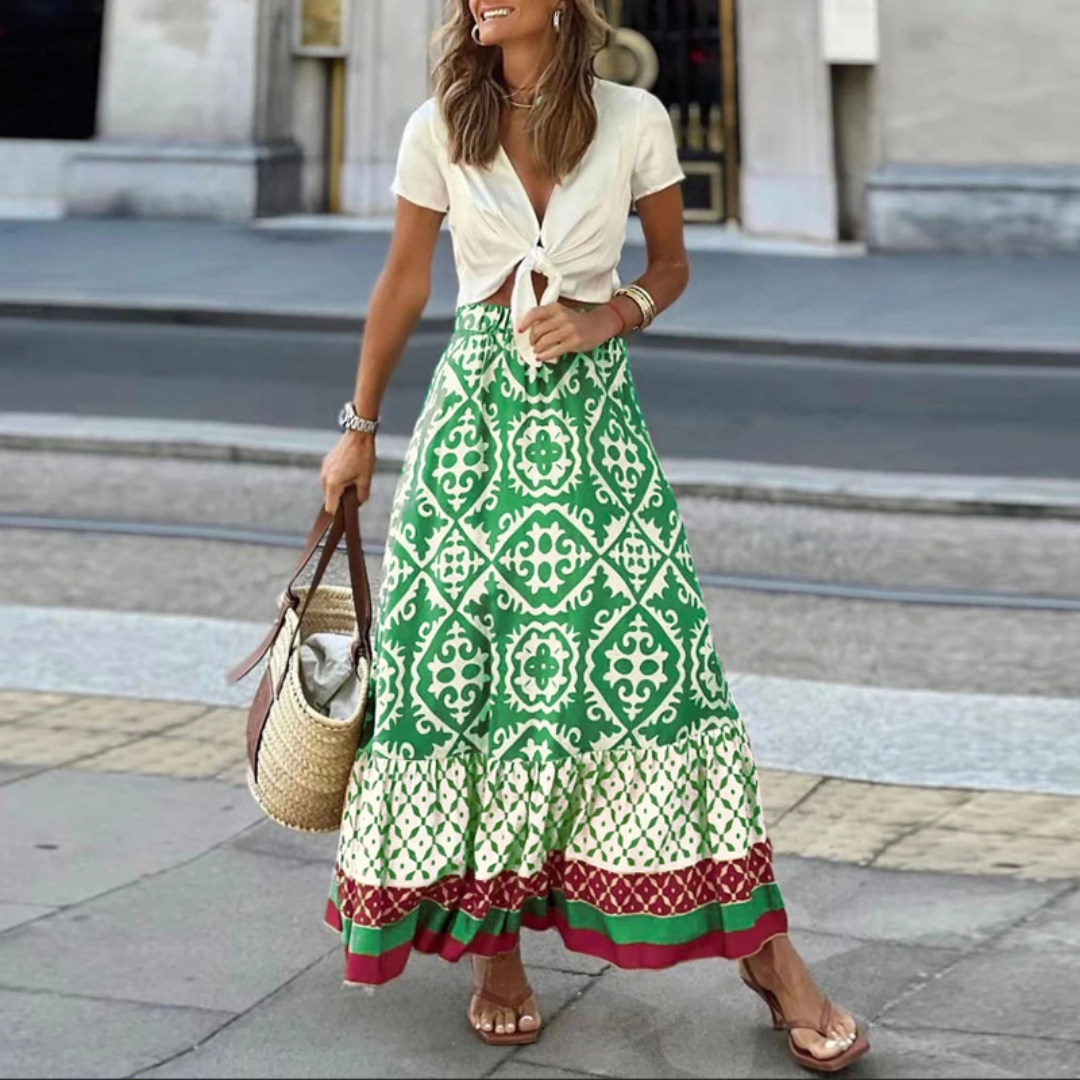 Maxi Skirt Women – A-Line Fit – Geometric Pattern – Layered Hem – Natural Fiber