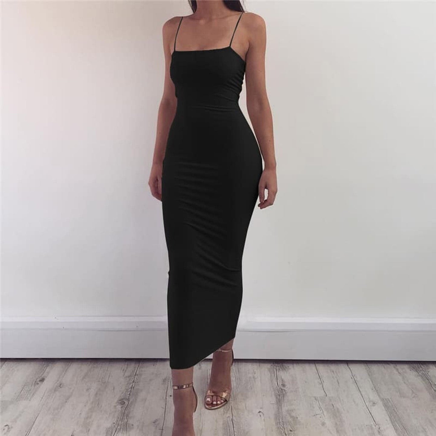 Women's Midi Dress - Tight Bodycon Fit - Square Neckline - Spaghetti Straps