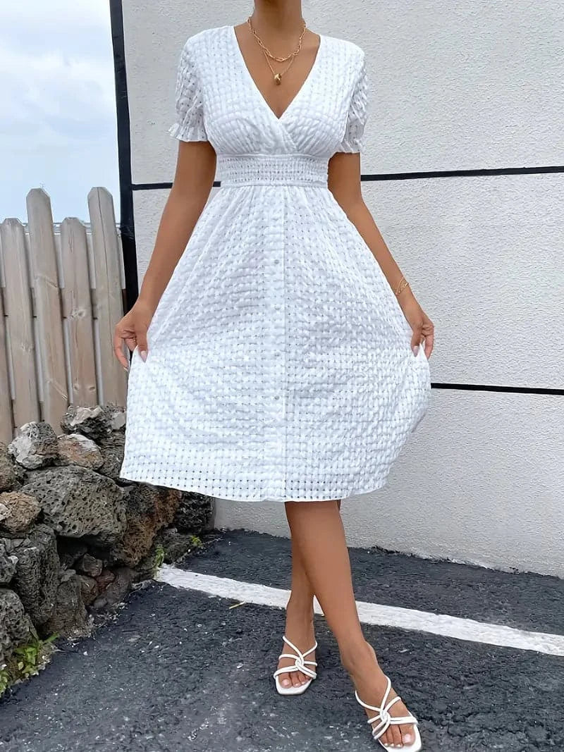 Dress for Women – V-neck Wrap Design – Short Sleeve – Elastic Waist – A-line Cut