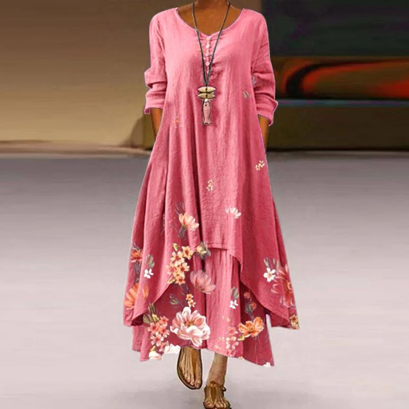 Women's Maxi Dress – Loose Fit – Long Sleeves – Floral Print – Round Neck