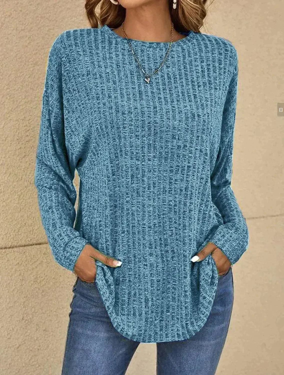 Women's Sweater - Knitted Texture - Long Sleeved - Relaxed Fit - Round Neck