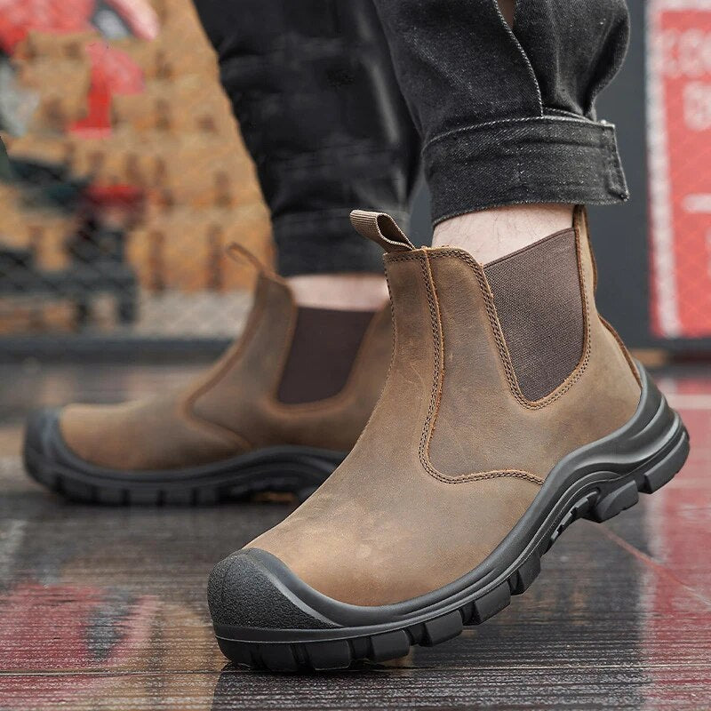 Men's Chelsea Boots - Leather - Elastic Panels - Durable Sole with Good Grip