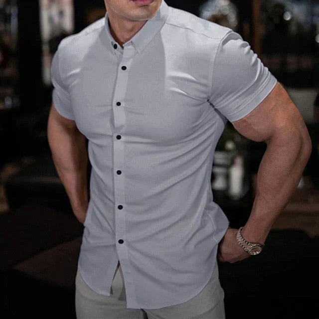 Men's Shirt with Short Sleeves – Slim Fit – Stretch Fabric – Button Closure – Everyday Use