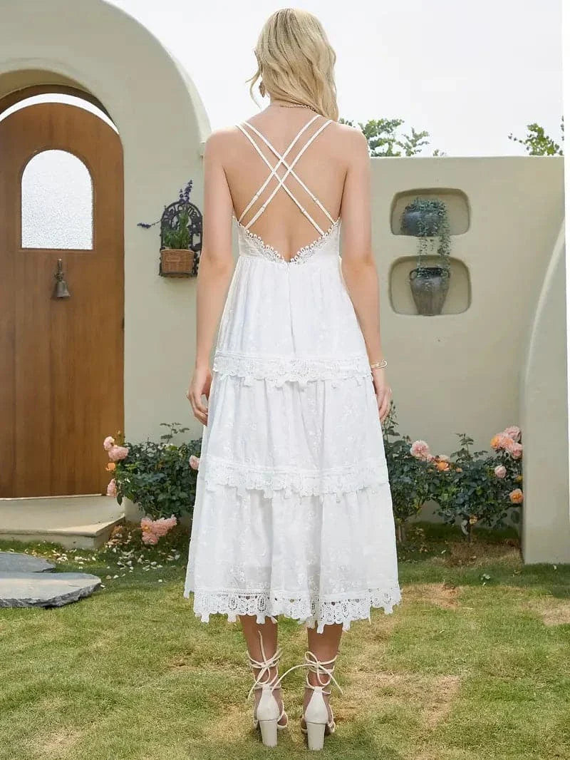 Women's Midi Dress - A-line Fit - Lace & Embroidery Details - Airy Cotton