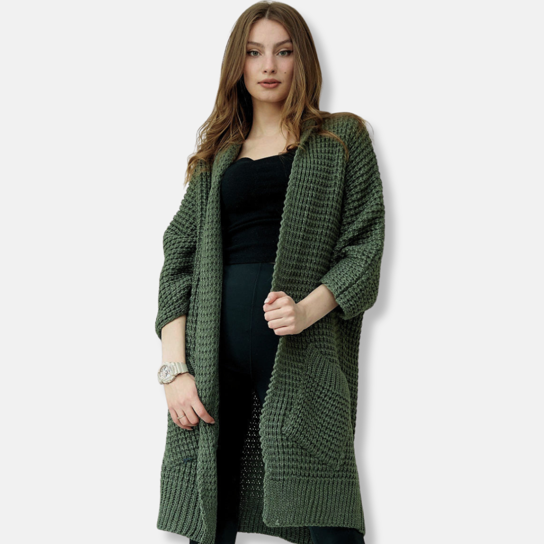Women's Coat – Oversized Fit – Open Front – Chunky Knit Wool Blend – Pockets