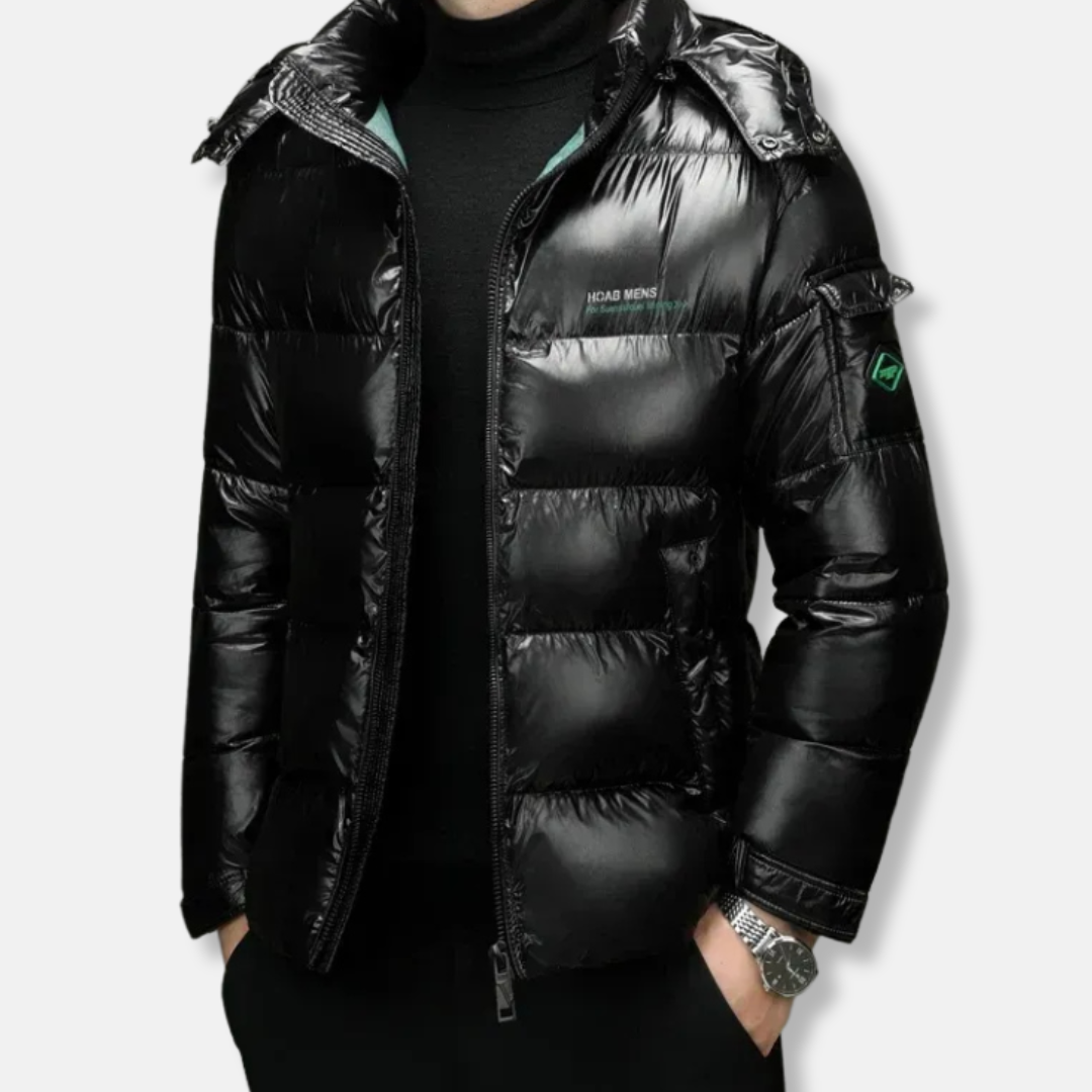 Men’s Puffer Jacket - Synthetic - Waist Length - Stand Collar - Full-Zip Closure