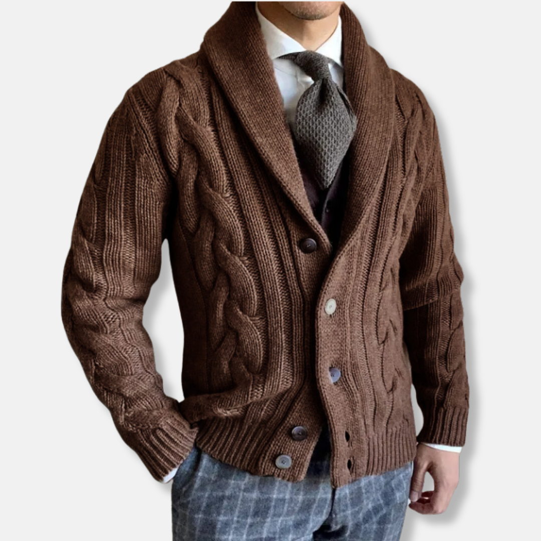 Men's Cardigan – Wool Blend – Regular Fit – Cable Knit – Shawl Collar – Buttoning