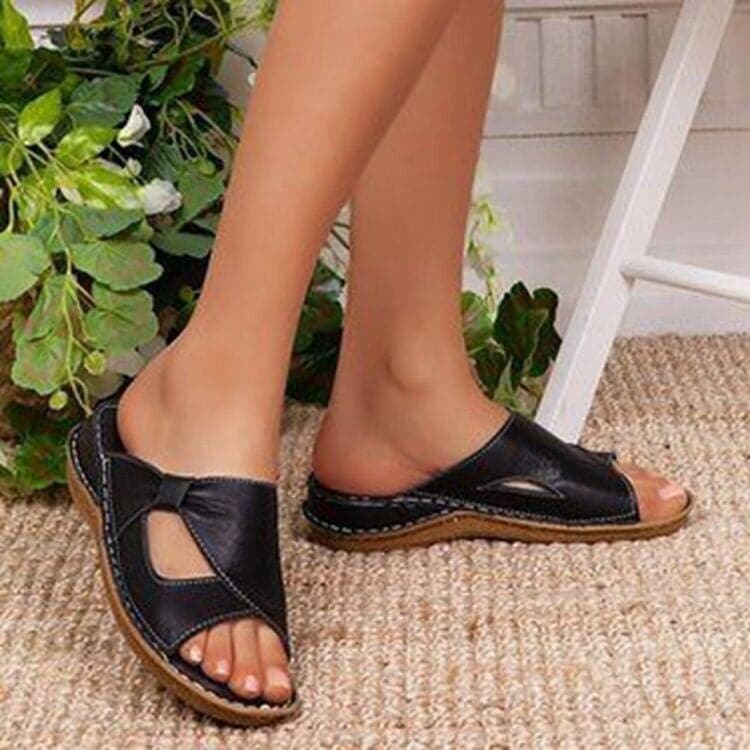 Women's Sandals - Leather - Slip-on Comfort - Open Toe - Stylish Cut-out Pattern