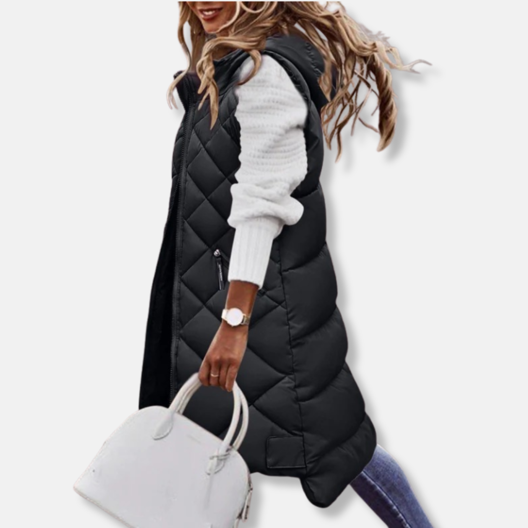 Ruby Relaxed Fit Long Puffer Vest | Hooded Quilted Vest