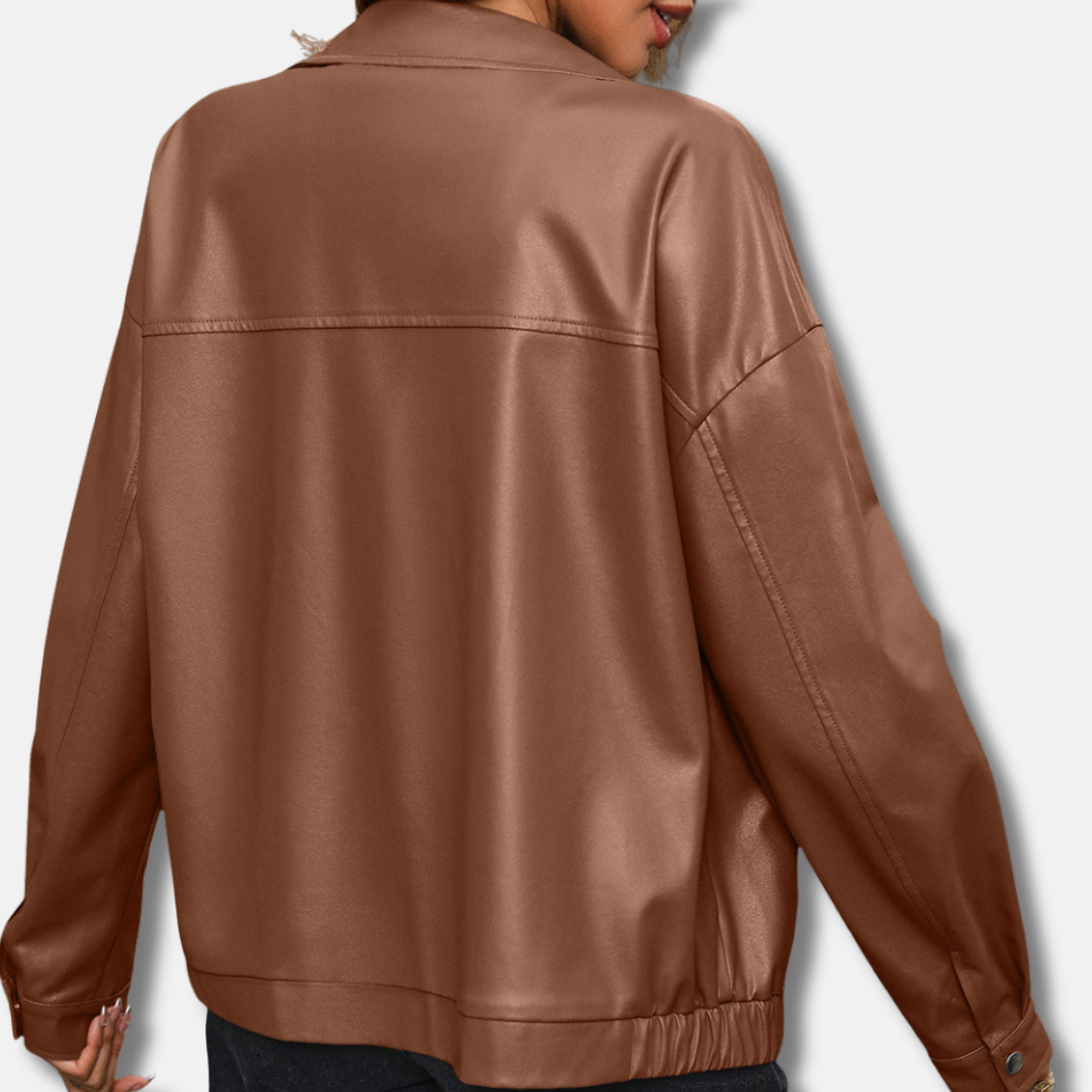 Women's Biker Jacket – PU Leather – Relaxed Fit – Short Length – Zipper – Snap Buttons