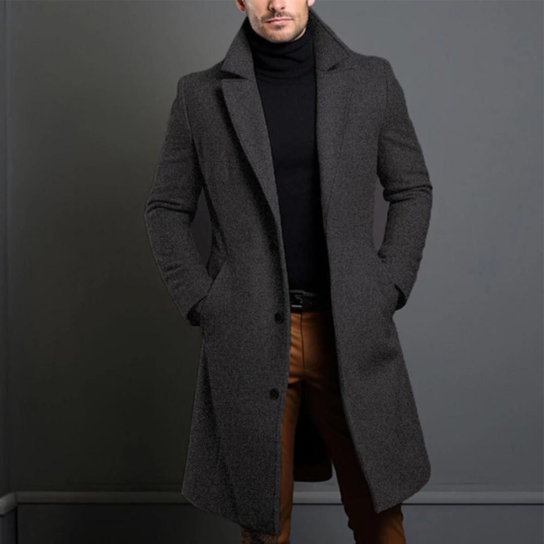 Men's Coat - Classic Wool Blend - Button Closure - Tailored Fit - Long