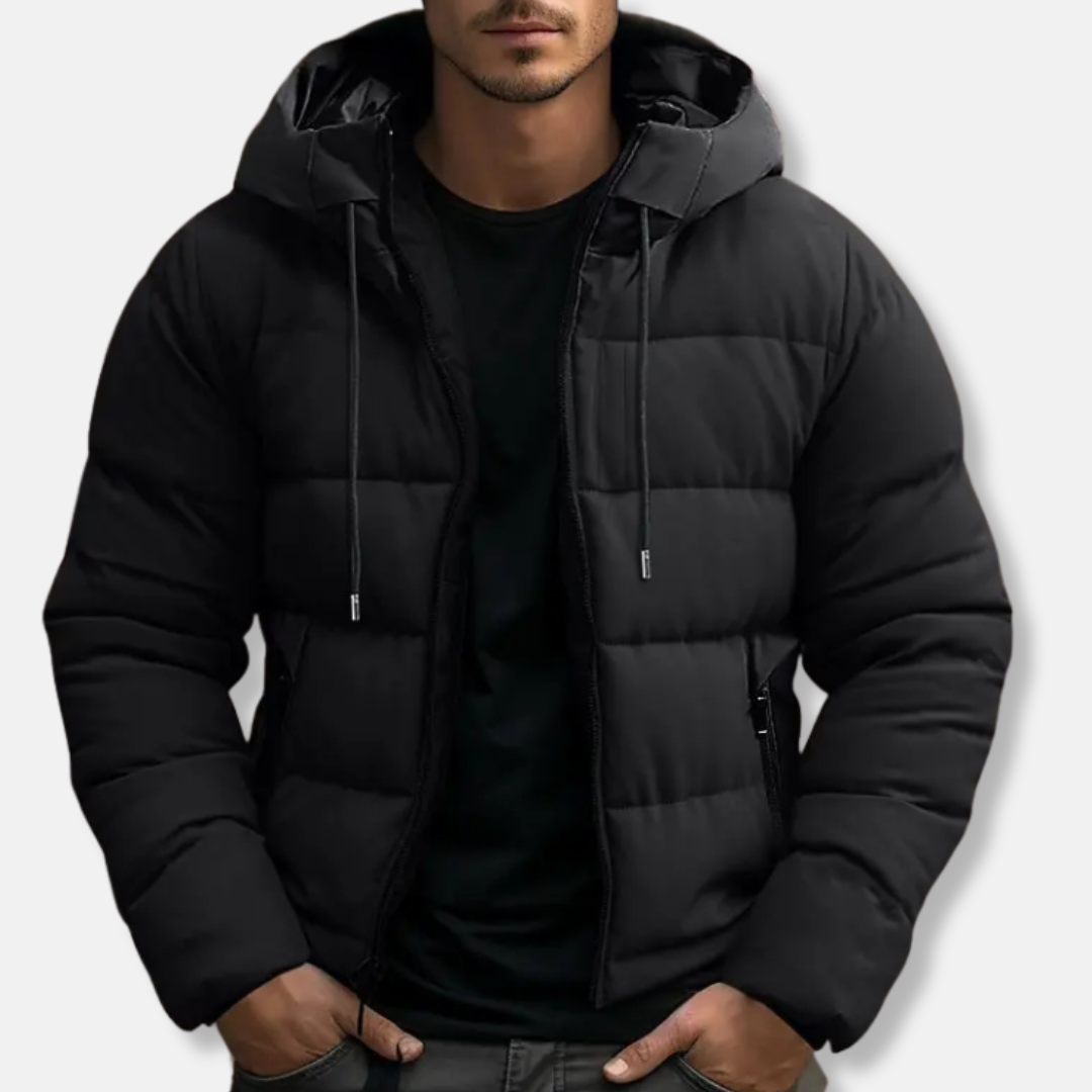 Men’s Puffer Jacket - Quilted - Hooded - Zip Closure - Hip Length
