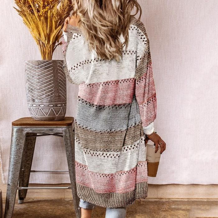 Dame Strikket Cardigan - Lang Åpen Front - Strukturert Mønster - Ribbestrikkede Mansjetter