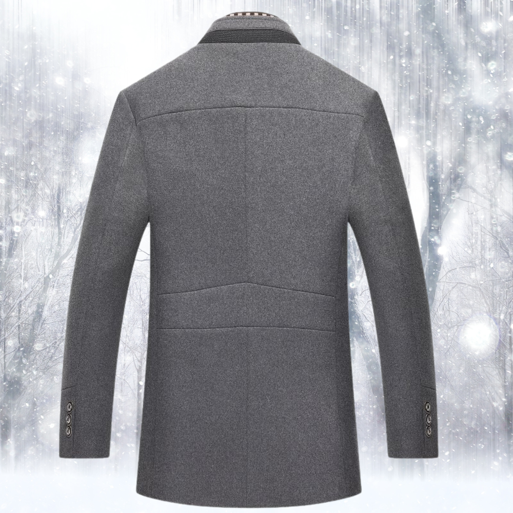 Men's Coat - Wool Blend - Tailored Fit - Stand Collar - Quilted Lining - Button Closure